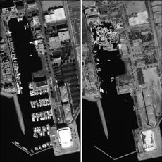 Before and after pictures of a marina hit by Ivan. In the after picture (r), hurricane winds have destroyed the docks and piled the boats by the shore. ()