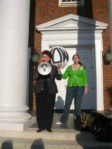 NOW president Kim Gandy speaks to a crowd of demonstrators from the steps of Dana auditorium ()
