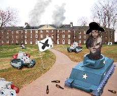 General Max The Destroyer Cawley shows off his new tattoo, the symbol of the Confederated Suites of Bryan, at the edge of the Beer Battlefield.  Behind him, tanks patrol the field.  In front of him, one creepily leers at the camera. ()