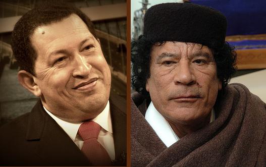 Chavez (L): Flickr/Daniel Zanini H. cc-by 2.0 (Gaddafi (R): Flickr/openDemocracy cc-by-sa 2.0)