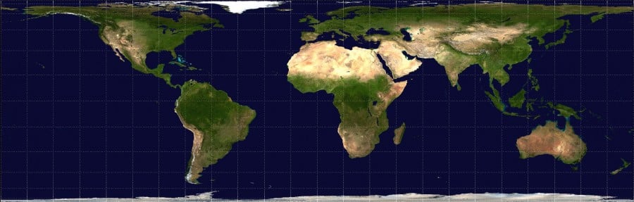 Lambert Cylindrical Equal-area projection of the Earth.  (Source: NASA.  Edits: Wikipedia/Mdf.  Public Domain.)