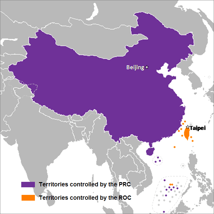 Political map of PROC and Taiwan, ROC (Creative Commons Attribution 3.0 by Wikipedia/Nat)
