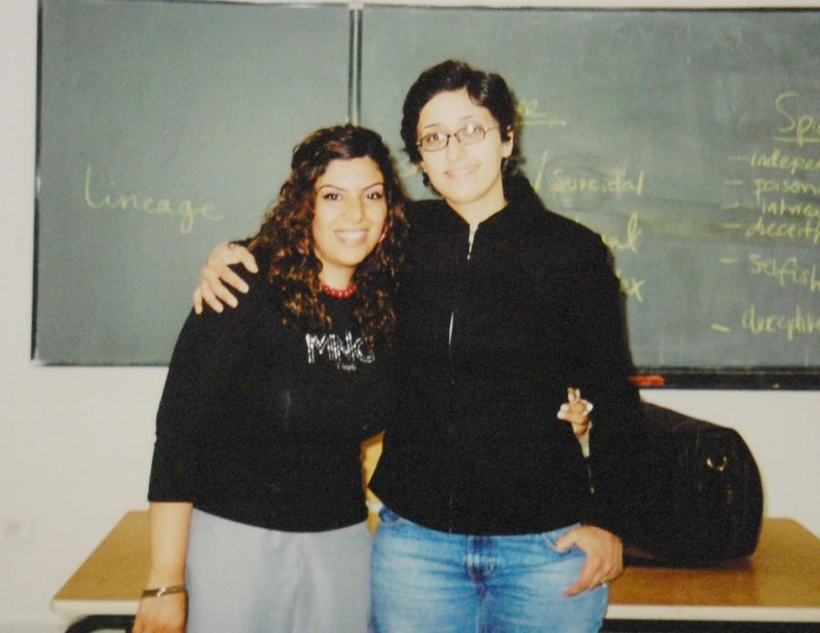 A young Abdo poses with beloved student Tahani Hawari at Ahliyya Amman University, Jordan, where she taught from 2003-06. (Diya Abdo)