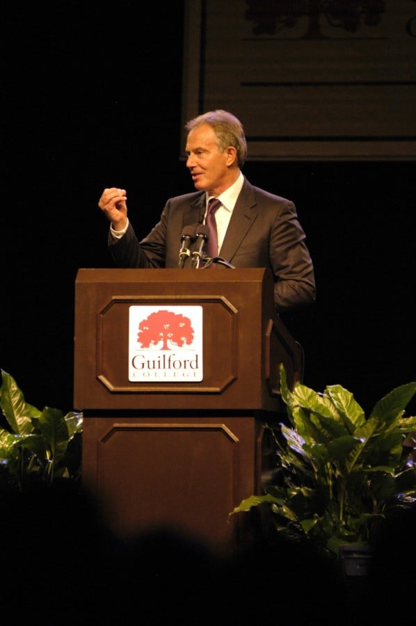Tony Blair emphasizes a point from the podium in the Greensboro Coliseum. Blair spoke to a sold-out crowd about unity, ideologies, and the 21st century. (Douglas Reyes-Ceron)