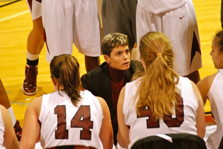 Coach+Flamini+instructs+her+team+during+a+timeout.+The+Lady+Quakers+sit+atop+the+ODAC+standings+at+12-1+and+15-3+overall.