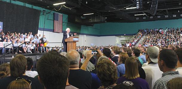 Bernie Sanders speaks at the Greensboro Coliseum last Sunday. According to WGHP, around 9,000 attended. 