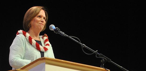President Jane Fernandes addresses the budget situation at her inauguration on August 26. 