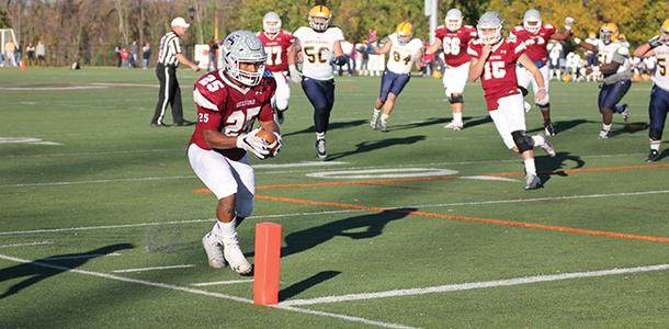 With 9:13 left in the game, sophomore running back DeEric Bell scores his third touchdown, a 39-yard completion from senior quarterback Matthew Pawlowski, giveng the Quakers a come-from-behind victory over Emory and Henry. 
