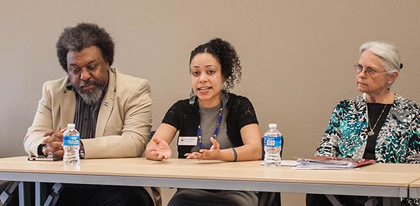 From left to right: James Shields 00, Katrina Jackson 05, and Judy Harvey 73 share their stories as former students to explain the colleges history of oppression and how much change has occurred.