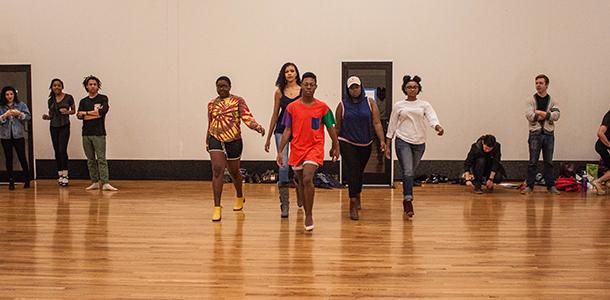 (Top) Fashion show organizer Terry Daniels leads the way with her fellow models, Jhanna Vasser, Lila Jones, Slyvia Shackleford and Celene Warren as they prepare for the upcoming show. (Bottom left to right) Veronica Zambrano- Coffie, Zi Huang and Katie Williams strike a pose during rehearsal.