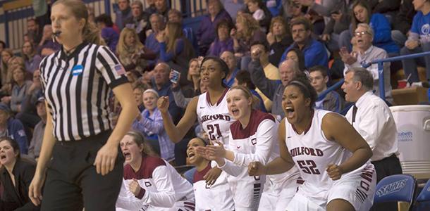 Emotions ran high as the women’s team battled Mount Union in the first round of the NCAA Division III Tournament. Guilford went on to win 61-57.