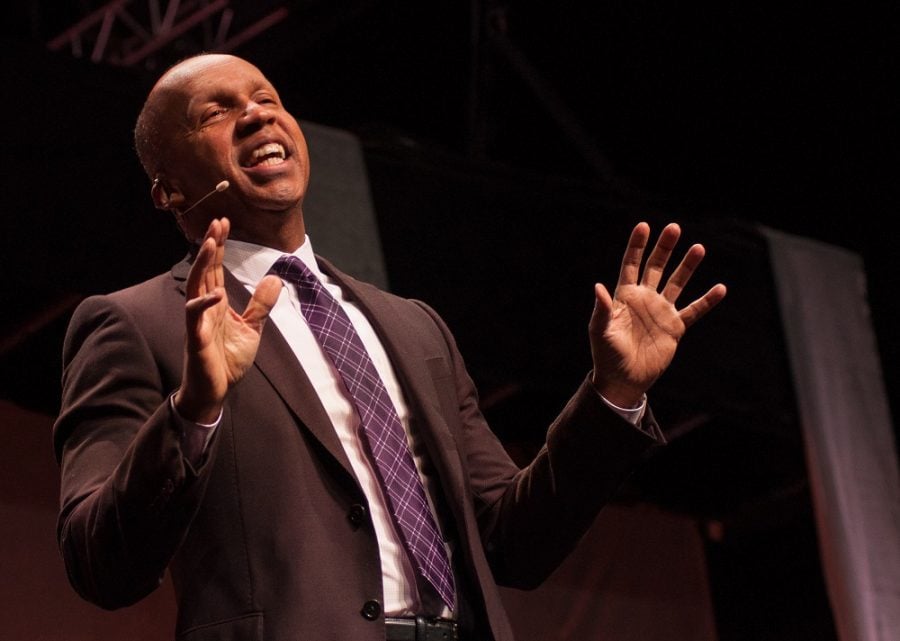 Bryan Stevenson, founder and Executive Director of the Equal Justice Initiative, speaks at the Greensboro Coliseum Complex on February 21, 2017 in Greensboro, North Carolina. Stevenson discusses his work with incarcerated children, death row inmates, overturning wrongful convictions, and fighting racial injustice in the criminial justice system.