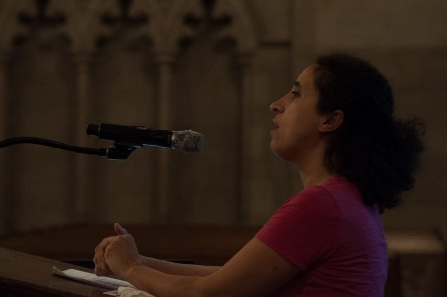 Diya Abdo, founder of Every Campus a Refuge at Guilford College, speaks to an audience of 50 at Duke Chapel in Durham North Carolina on Feb. 7, 2017. An associate professor of English and creative writing, she offered advice on how to create sanctuaries on college campuses.