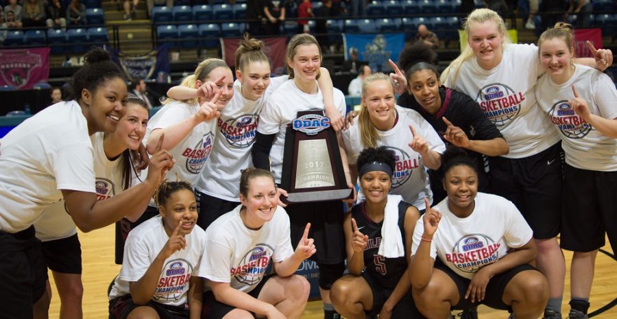 Guilford+College+womens+basketball+team+poses+with+the+ODAC+championship+trophy+after+beating+Lynchburg+College+59-53.+Photo+By+Andrew+Walker+2017