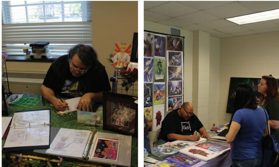 North Carolina artists Mike Moon (left) and Marshal Lakes (right)
sell their work during the WTH con that took place from Friday March 3 to Sunday March 5. // Photo by Abe Kenore/Guilfordian