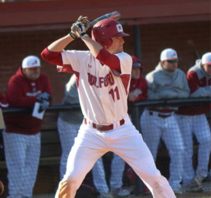 Mitchell Stumpo ’19, batter for Guilford Quakers, plays against Eastern Mennonite University on April 8, 2017 as part of the Old Dominion Athletic Conference (ODAC). // Photo courtesy of Guilford Athletics