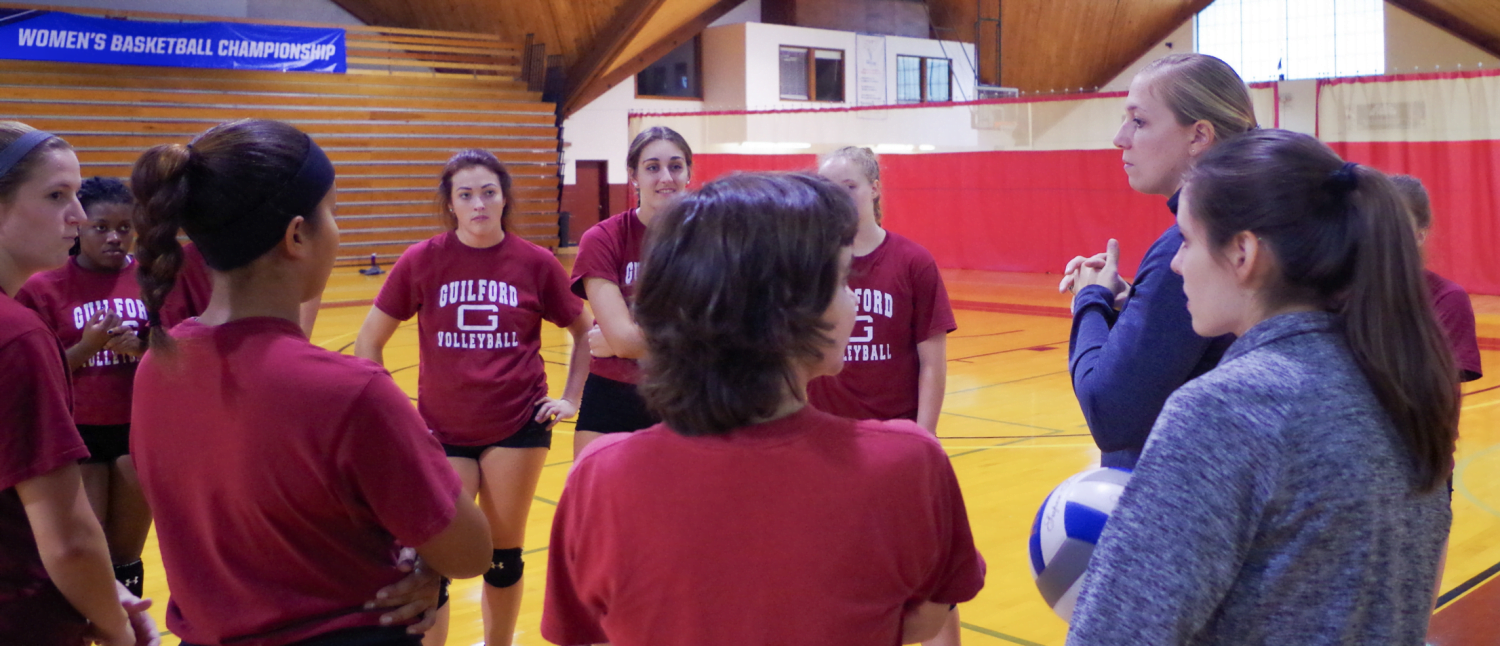 Guilford College Volleyball Head Coach Emily Gann talks to her players at the start of practice in the Ragan-Brown Fieldhouse in Greensboro, North Carolina on Aug. 31, 2017.// Photos By Andrew Walker/ The Guilfordian