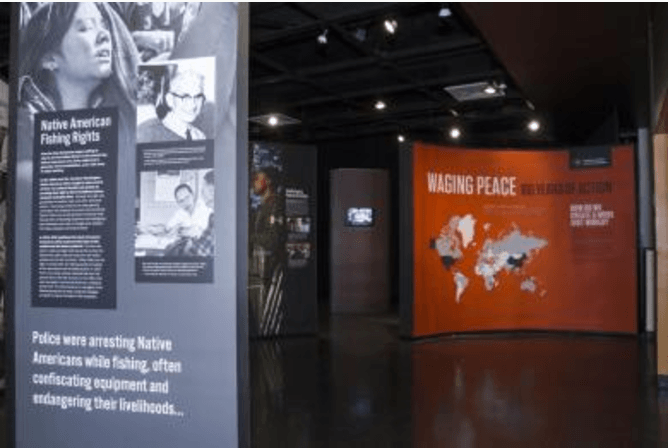 The American Friends Service Committee has an exhibit in Hege Library, titled Waging Peace: 100 Years of Action, is open through November 5, 2017. Photo courtesy the American Friends Service Committee