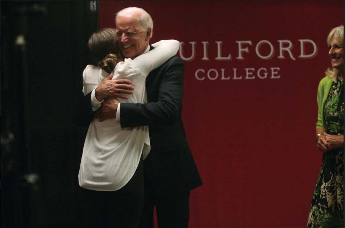 Courtney Gardner ‘18 hugs Vice President Joe Biden during the small student session that happened before the main event. Students of Guilford College’s Political Science department got a chance to meet Jill and Joe Biden before they took the Coliseum stage.// Photos by Abigail Bekele/The Guilfordian