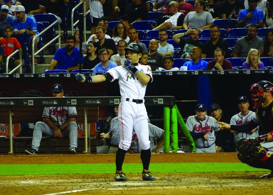 Miami Marlins outfielder Ichiro Suzuki prepares to bat against the Atlanta Braves on Saturday, Sept. 30, 2017 at the Miami Ballpark. The Miami Marlins defeated the Atlanta Braves 10-2.// Photo by Etsuo Fujita/The Guilfordian 