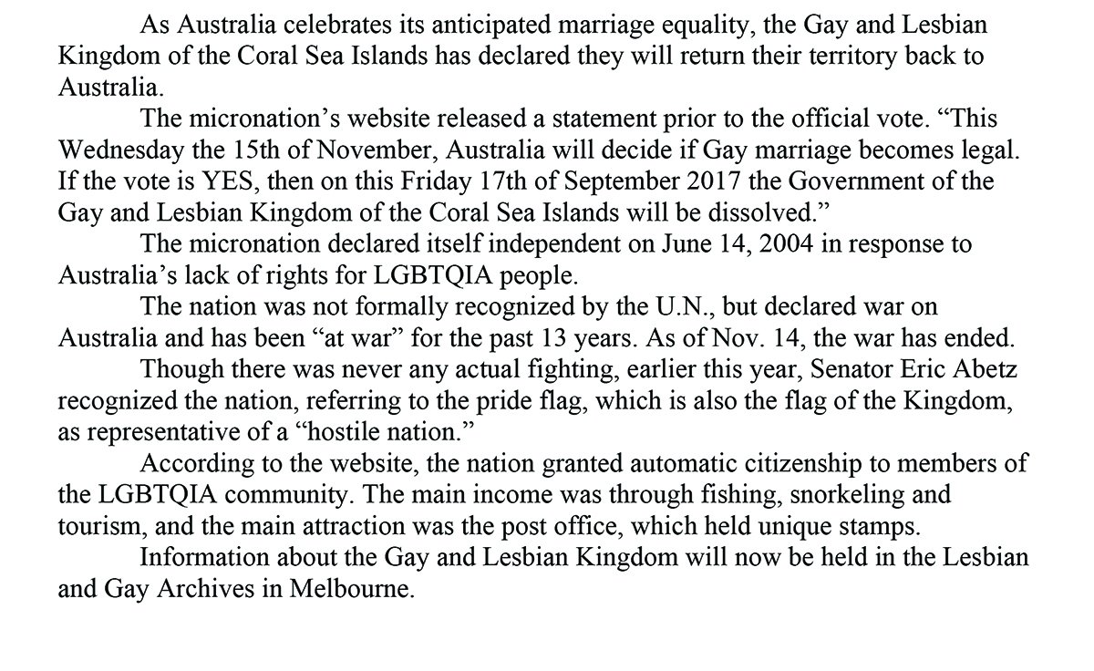 Gay and Lesbian Kingdom of the Coral Sea Islands Statement