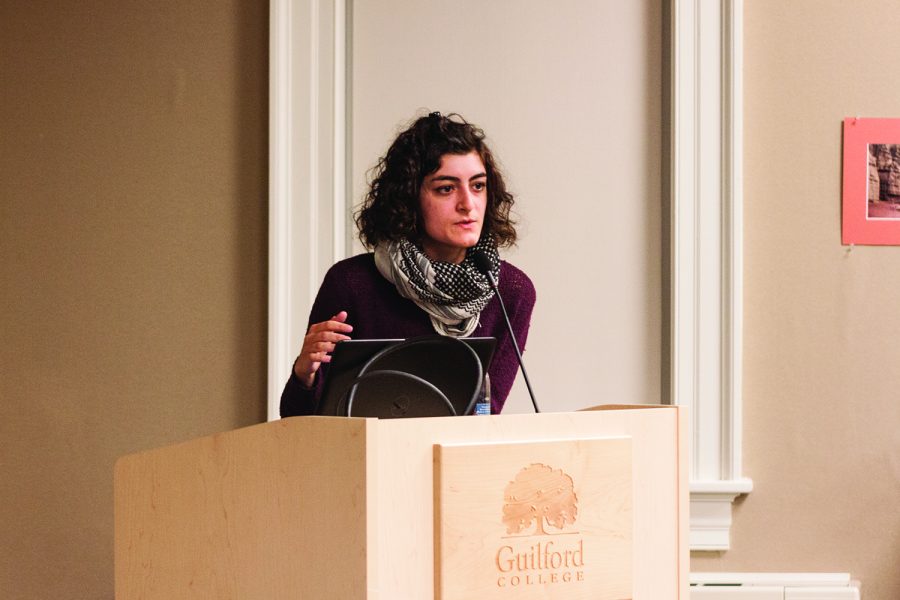 Leila Abdelrazaq explains the importance of creating political pamphlets and posters during her interactive workshop that took place on Tuesday, Nov. 14 in the Founders West Gallery. // Photo by Fernando Jiménez/The Guilfordian