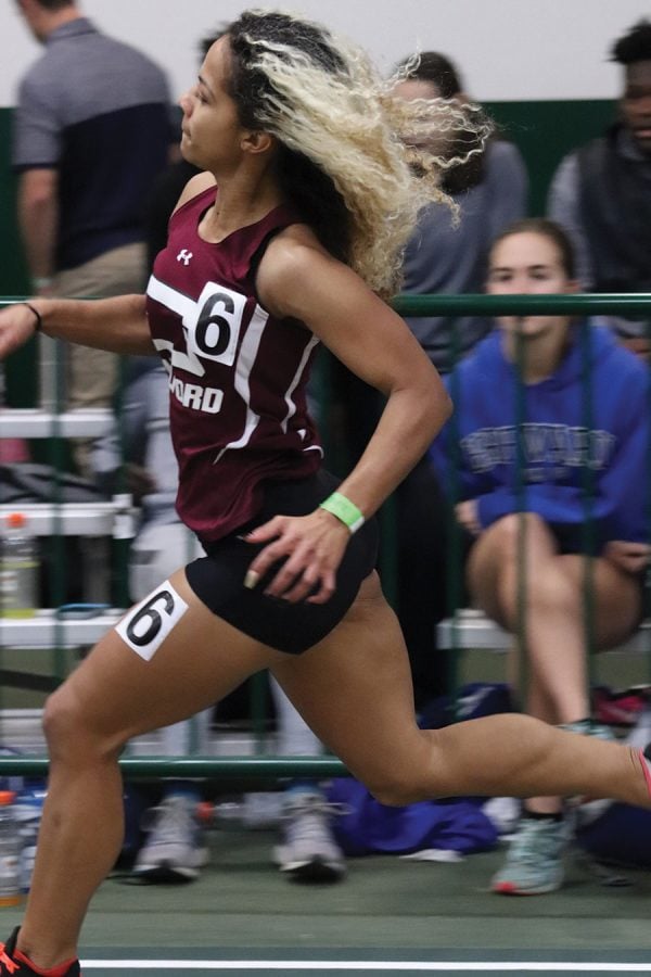  Guilford College women’s track and field sophomore sprinter Cheyenne Wright races at the Wake Forest Invitational on Jan. 20 2018. //Photo courtesy Guilford Athletics. 