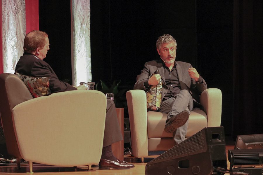 Reza Aslan answers an audience member’s question at the Bryan Series in Dana Auditorium on Sunday, Jan. 28, 2018.//Photo by Abigail Bekele/The Guilfordian
