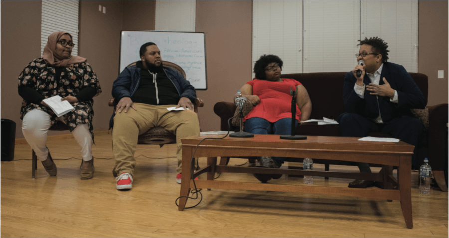 Ayah Khalifa (left), Rev. Brandon Wrencher, Casey Thomas and Rev. Mykal Slack spoke as panelists at the Black Power/Black Theology event in the Community Center on Tuesday, Feb. 8, 2018.//Photo by Julia Martins de Sa/The Guilfordian