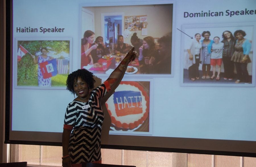 Dr. Krishauna Hines-Gaither discusses the relations and deep history between Haiti and the Dominican Republic on Wednesday, Sept. 19, 2018 at the Gilmore Room. // Photo by Ezra Weiss/The Guilfordian
