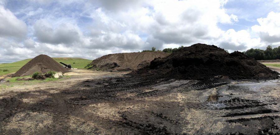 Piles of compost decompose until they are ready for distribution. The mound on the right has finished the composting process.