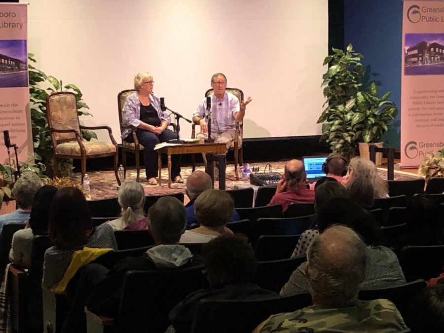 Beth Sheffield of the Greensboro Public Library and author Osha Gray Davidson discuss racial issues of the past and present at Greensboro's One City, One Book kickoff event