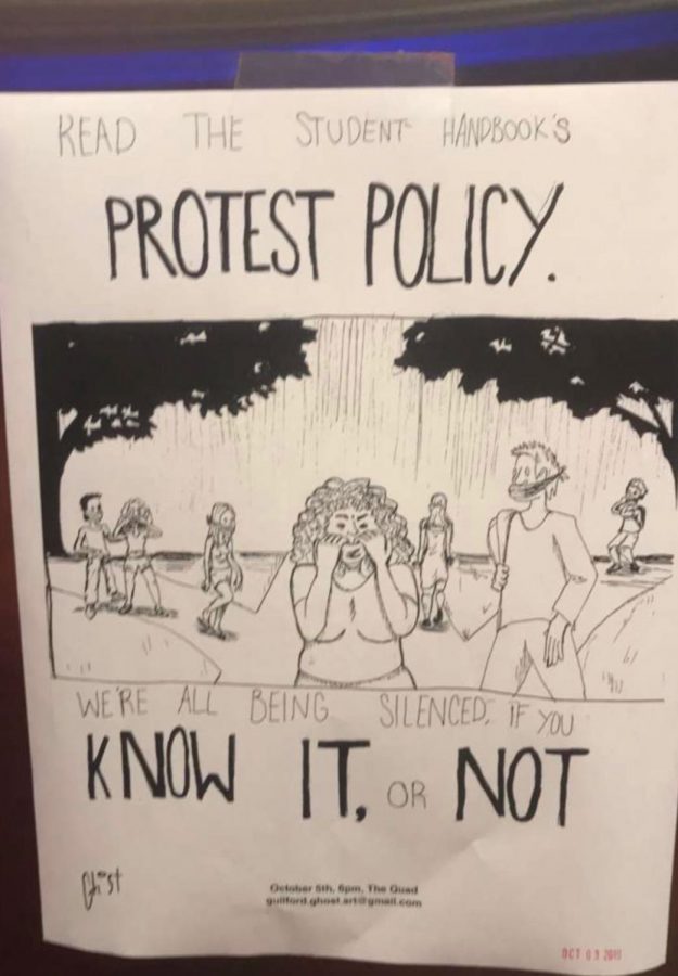 Drawn in stark black and white, the large text framing the image reads, Read the student handbooks protest policy. Were all being silenced, if you know it, or not. Below this text was the date (Oct. 5), a time (6 p.m.) and a location (the Quad).