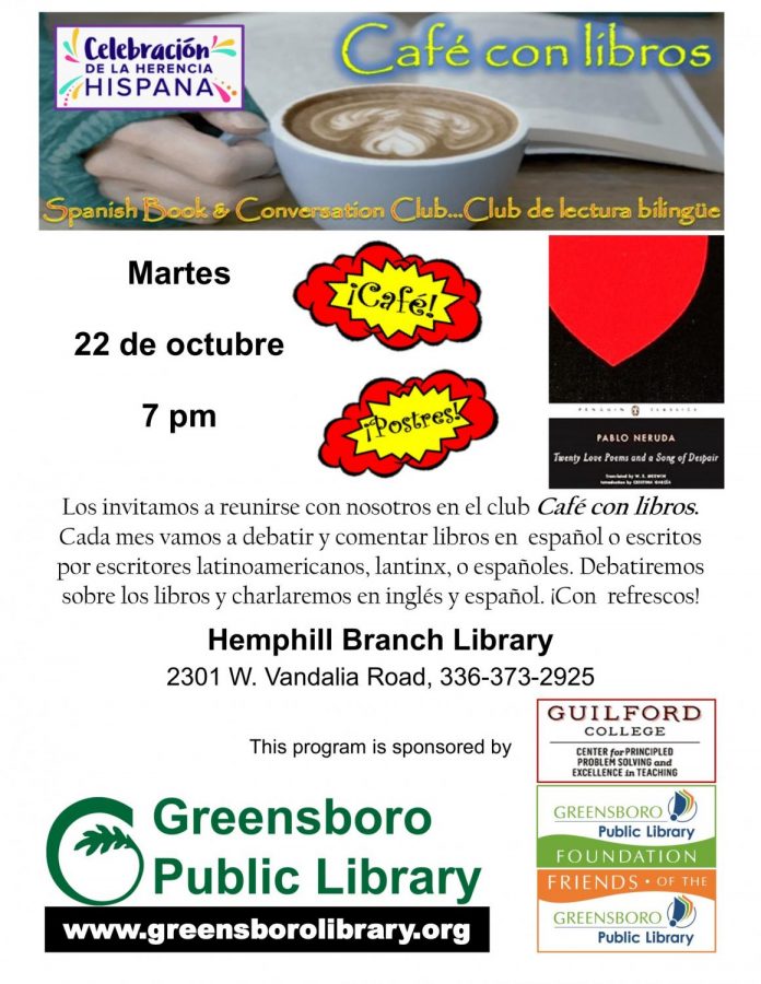 A promotional flyer inviting students to attend Café con Libros.
