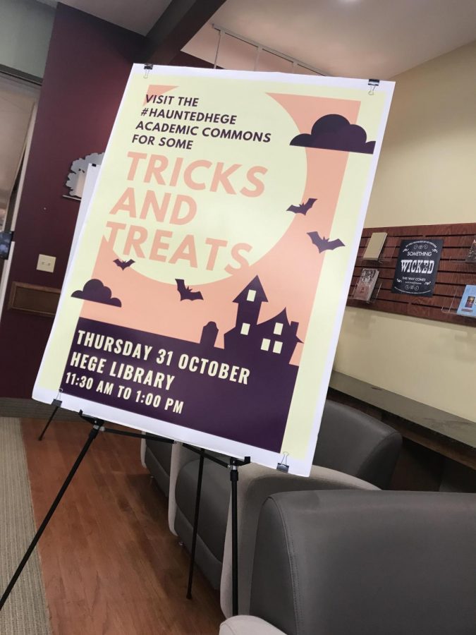 Sign posted in Hege Library advertising Haunted Hege event.