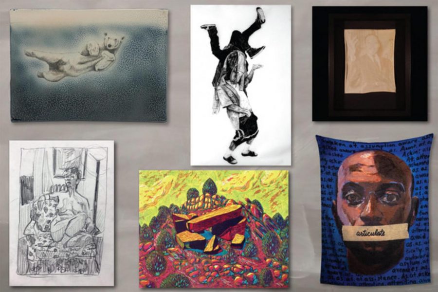 From top left to bottom right are pieces by Guilford Art faculty Charlie Tefft, Antoine Williams, Alyssa Miserendino, William Paul Thomas, Katy Collier and Miranda Reichhardt.