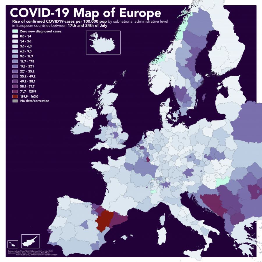 Map illustrating  the confirmed rise of COVID-19 case across Europe.
