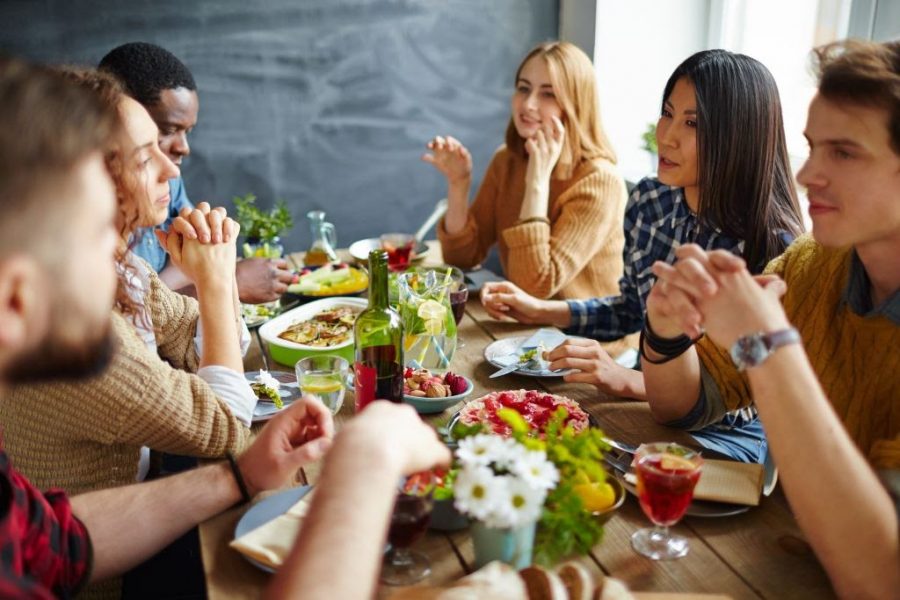 
An example of Friendsgiving, when a group of friends celebrates Thanksgiving together. 