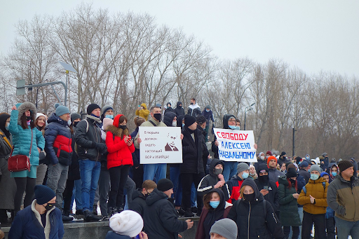 “People Gather during a Protest against the Jailing of Opposition Leader Alexei Navalny at the Statue of Alexander Pushkin in Moscow, Russia, on Saturday.”