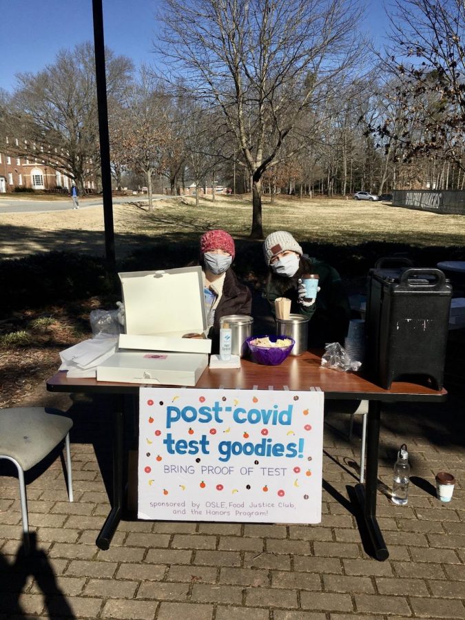 Madison Burkhardt and Jillian Morrison braving the cold to serve coffee and donuts. 