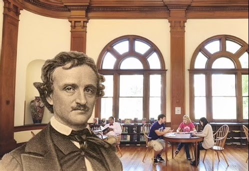 Poe prepares for his reading by haunting students frantically studying for Tim Kircher’s Elizabethan Age class. They reported that facing Poe was far preferable to facing Tim. // design by Maira Vandiver
