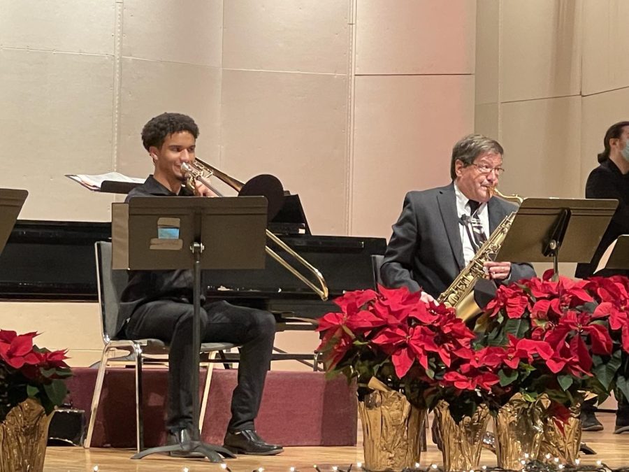 On the trombone and tenor saxophone respectively, Malcolm Hill and Ward Robinson of the Guilford College Jazz Ensemble put a spin on the Christmas classic “Frosty The Snowman.