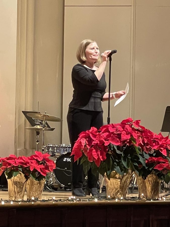 Wendy Looker, music professor and director of the Guilford College Choir, began the concert with greetings and words of gratitude to the audience for showing their support for the students. 