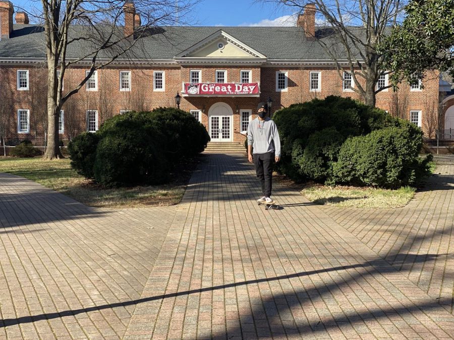 Guilford senior Dylan Blowe enjoys skateboarding on the quad on a recent spring afternoon.