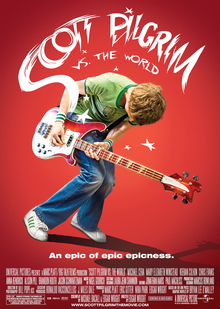 The “Scott Pilgrim vs. The World” theatrical release poster featuring Scott Pilgrim, the main character and bassist of the small garage band “Sex Bob-Omb”