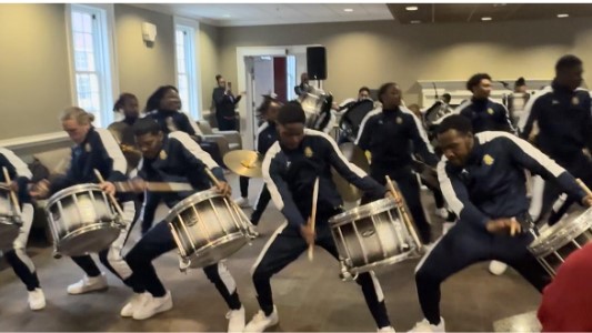 NC A&T’s Cold Steel Drumline performed in Founders Hall on Feb. 2 as part of Guilford College’s Black History Month kickoff.