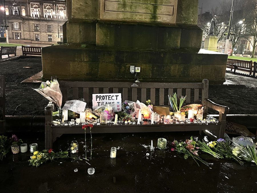 Benches in Glasgow Square were covered with candles and flowers in honor of Brianna Ghey, a victim of transphobic violence. 