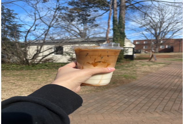 The iced caramel macchiato from Rachels Rose Cottage at Guilford College has a strong coffee flavor with the right amount of sweetness.
