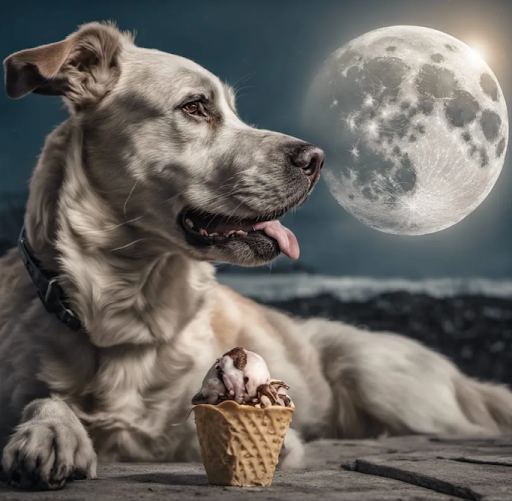 The author used the AI art website NightCafe to create this photo of a dog eating ice cream in front of the moon.