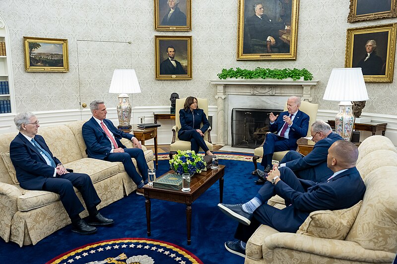 President Biden hosts Senate majority leader Schumer, Senate minority leader McConnell, Speaker McCarthy, and Leader Jeffries in the Oval Office to discuss the need to ensure America does not default on its debt on May 16.